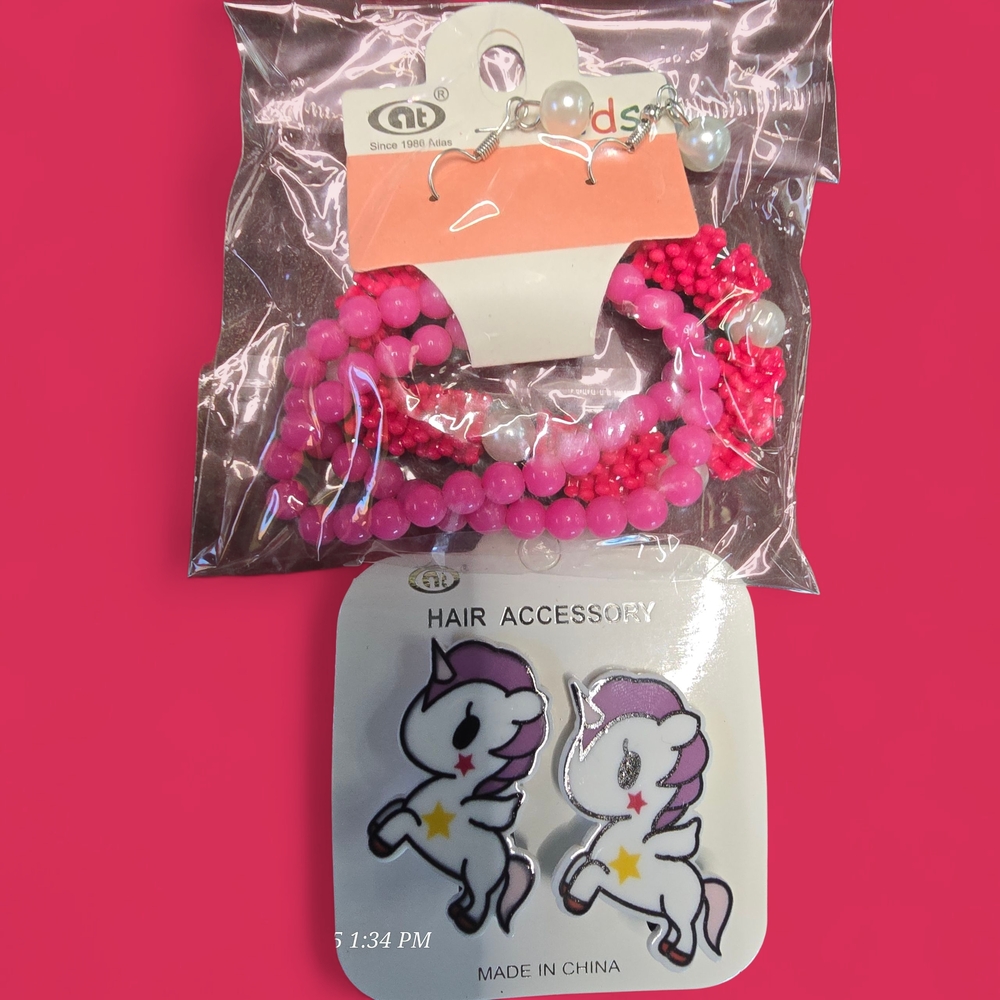 Pink Unicorn Hair Accessory Bracelet Earrings Set
